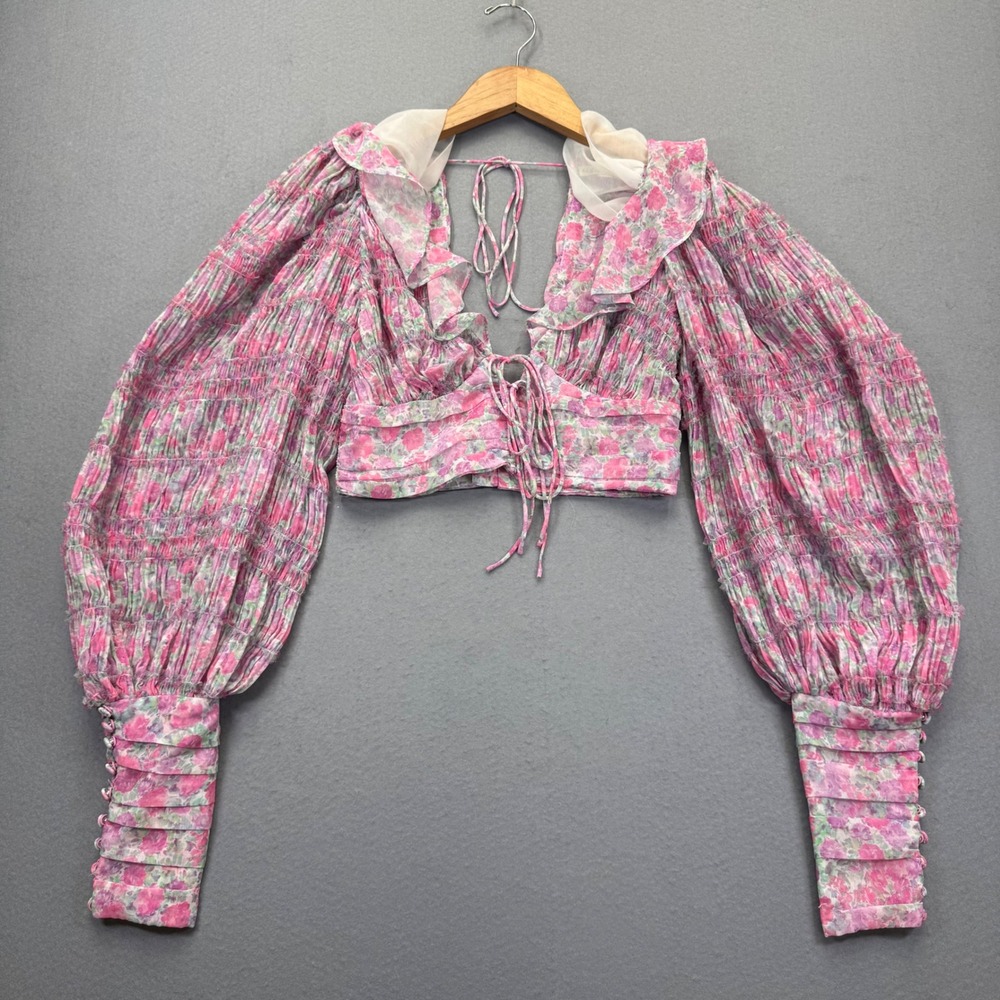 For Love & Lemons‎ Pink Floral Smocked Puff Sleeve Crop Top XS CT1950-SP23
